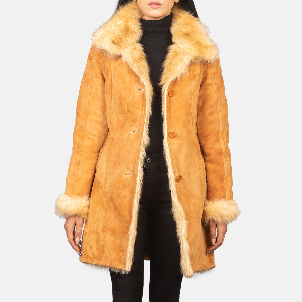 Erica Shearling Beige Leather Coat - women's coat in beige goatskin leather, view 1
