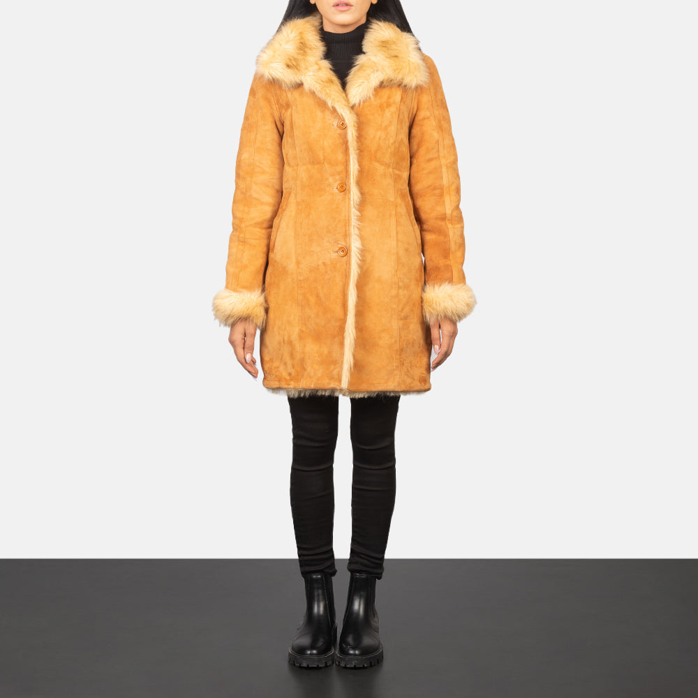 Erica Shearling Beige Leather Coat - women's coat in beige goatskin leather, view 3