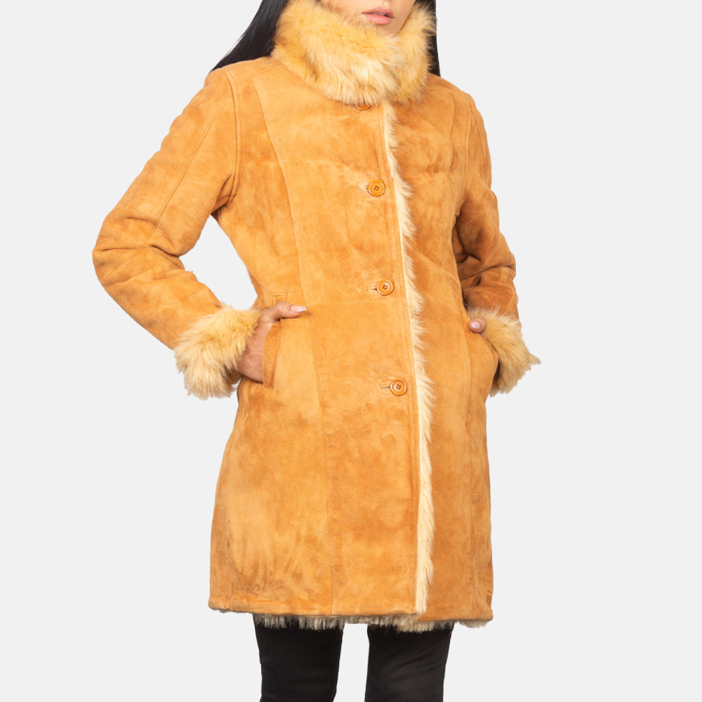 Erica Shearling Beige Leather Coat - women's coat in beige goatskin leather, view 4