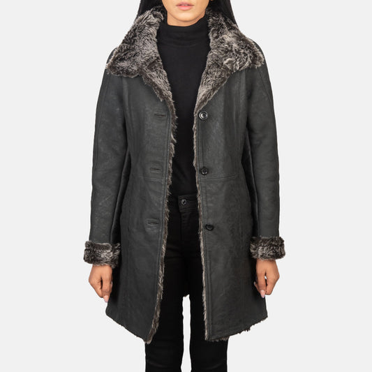 Erica Shearling Black Leather Coat - women's coat in black sheepskin leather, view 1