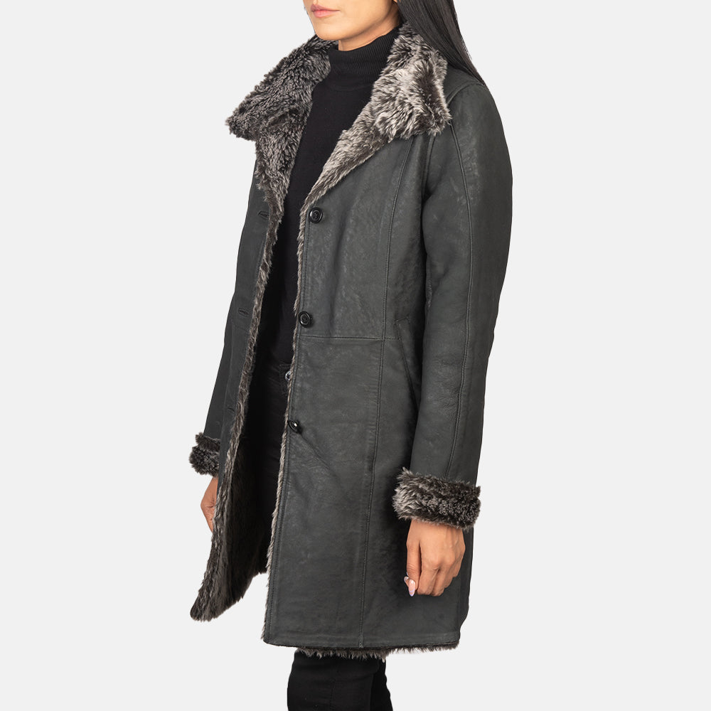 Erica Shearling Black Leather Coat - women's coat in black sheepskin leather, view 2