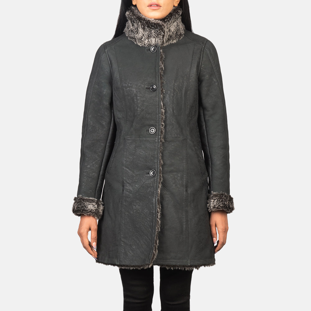 Erica Shearling Black Leather Coat - women's coat in black sheepskin leather, view 3