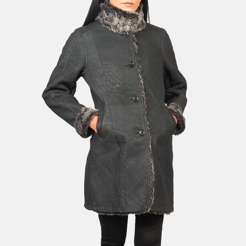 Erica Shearling Black Leather Coat - women's coat in black sheepskin leather, view 6
