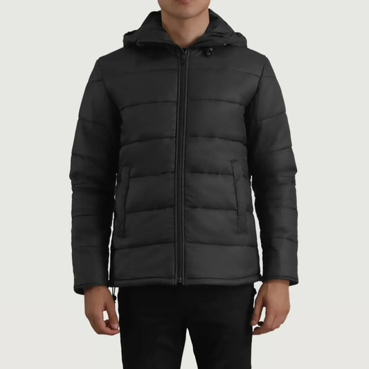 Erico Black Hooded Puffer Jacket - men's jacket in black nylon-polyester fabric, view 1