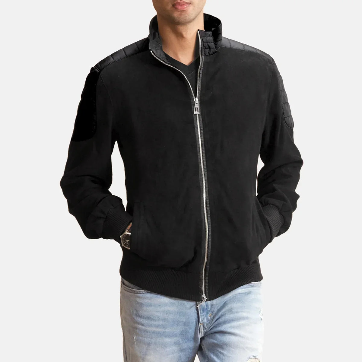 Ethan Hybrid Suede Bomber Jacket - men's jacket in classic suede leather, view 1