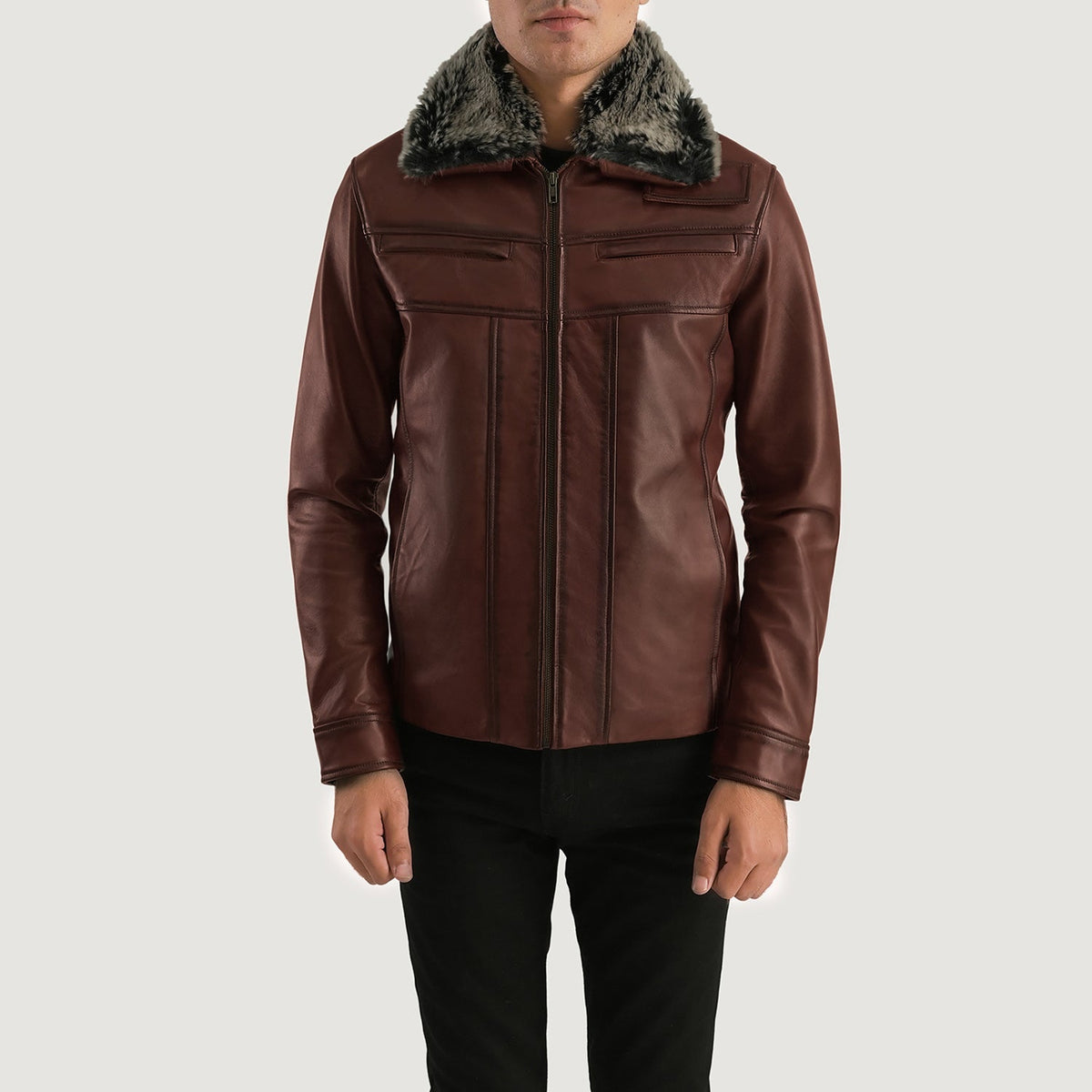 Evan Hart Fur Brown Leather Jacket - men's jacket in brown sheepskin leather, view 1