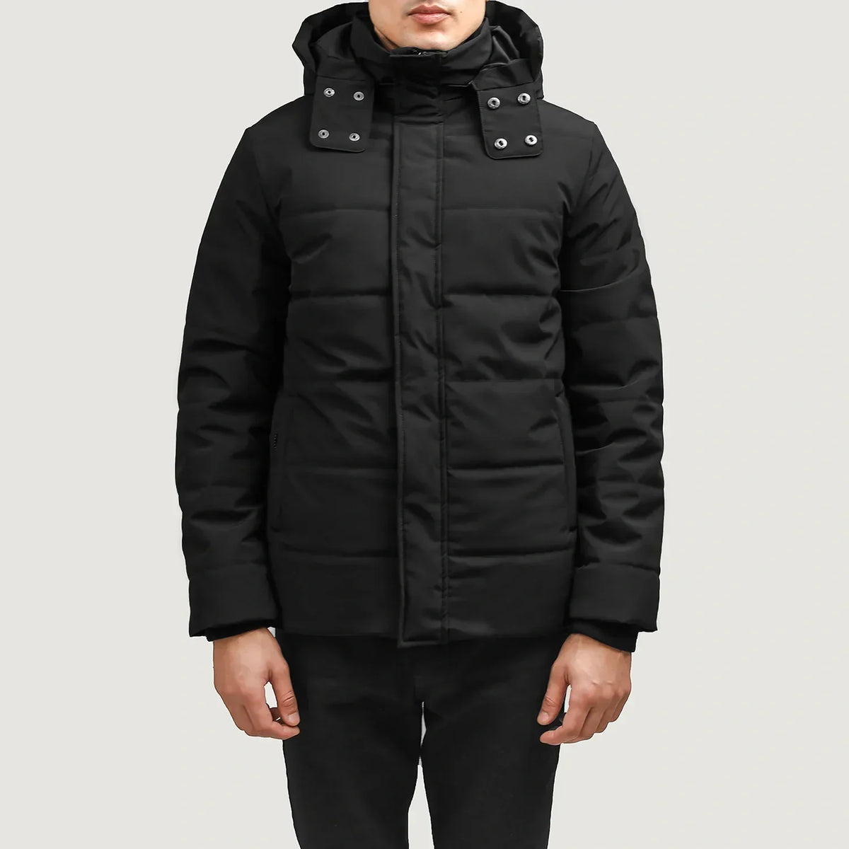 Exton Black Hooded Down Puffer Jacket - men's jacket in black nylon-polyester fabric, view 1