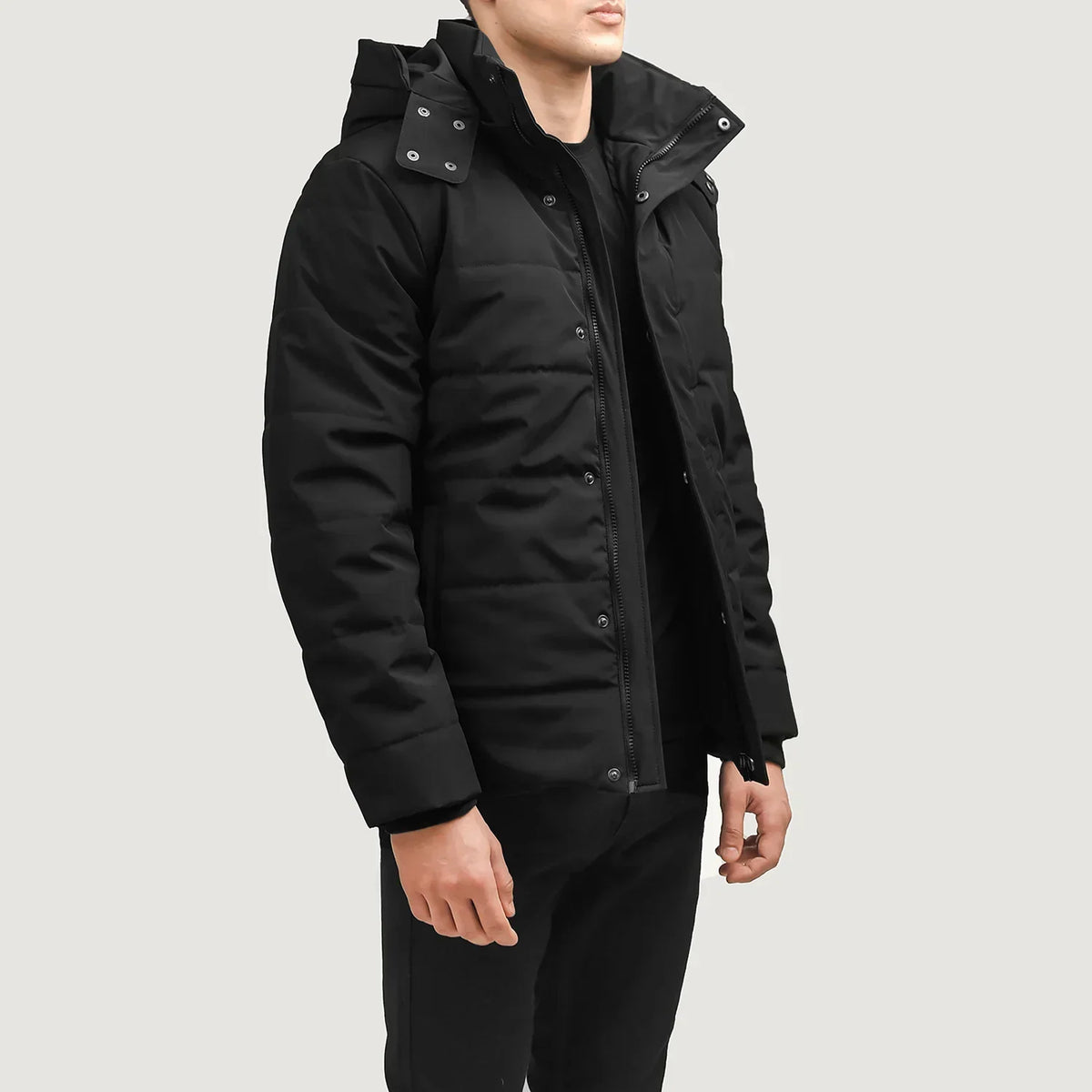 Exton Black Hooded Down Puffer Jacket - men's jacket in black nylon-polyester fabric, view 2