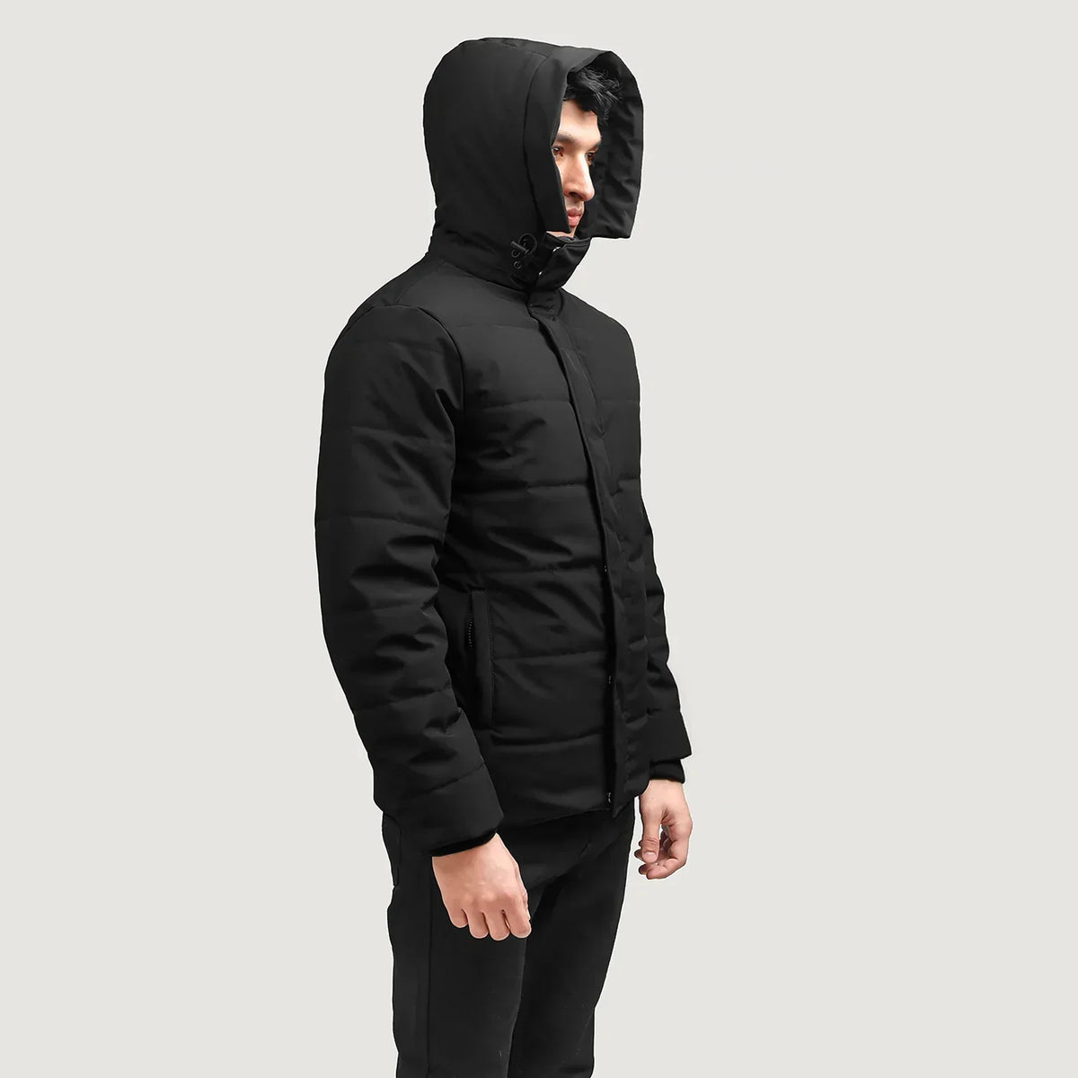 Exton Black Hooded Down Puffer Jacket - men's jacket in black nylon-polyester fabric, view 3