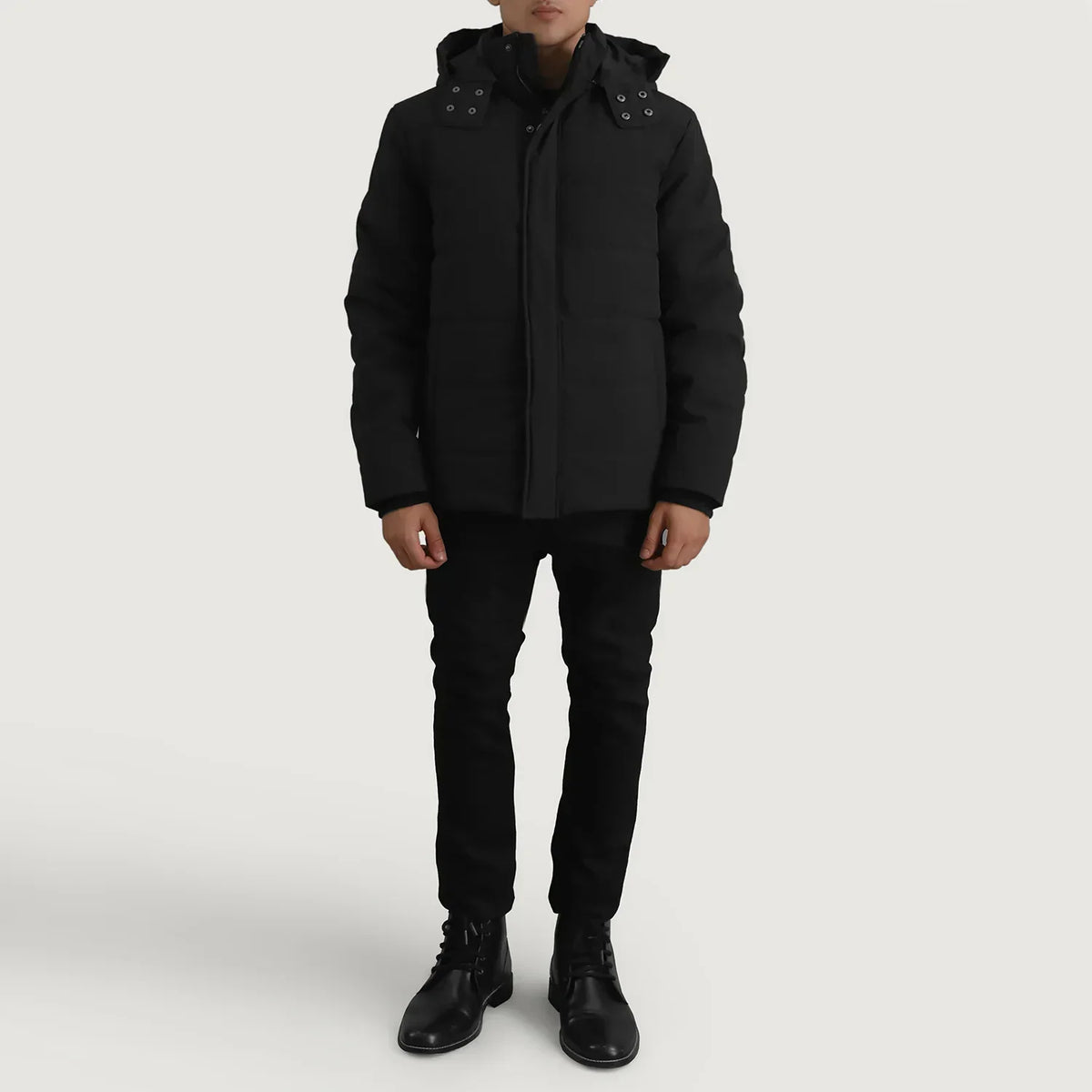 Exton Black Hooded Down Puffer Jacket - men's jacket in black nylon-polyester fabric, view 4
