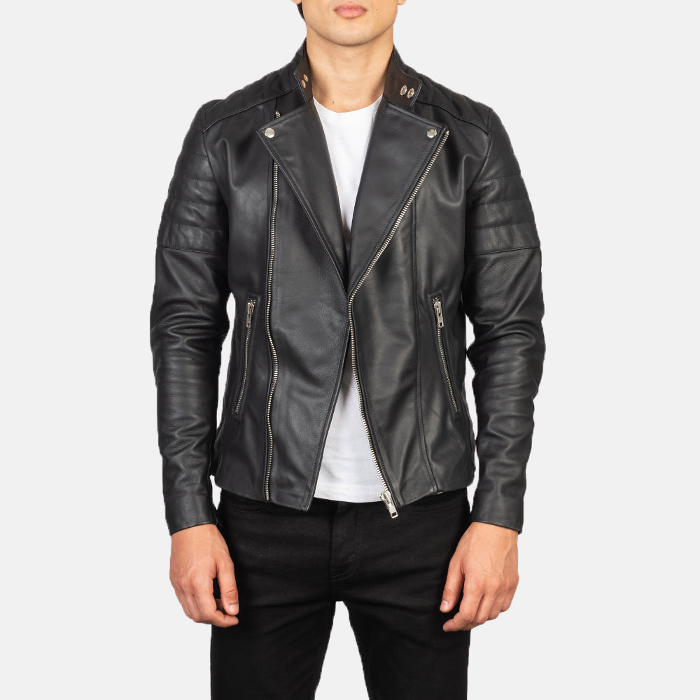 Faisor Black Leather Biker Jacket - men's jacket in black cowhide leather, view 1