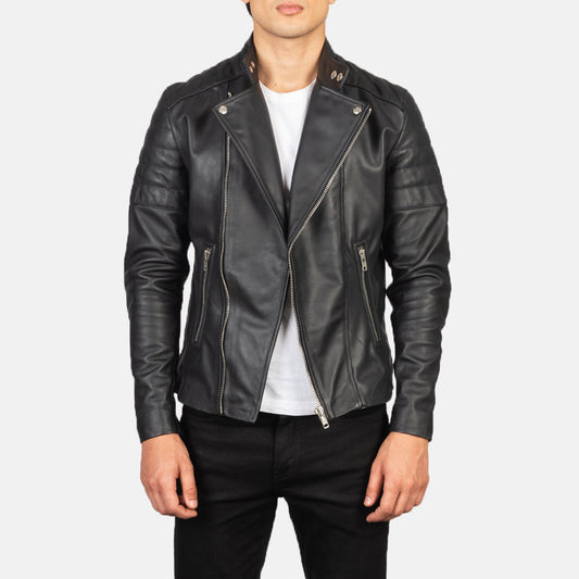 Faisor Black Leather Biker Jacket - men's jacket in black cowhide leather, view 1