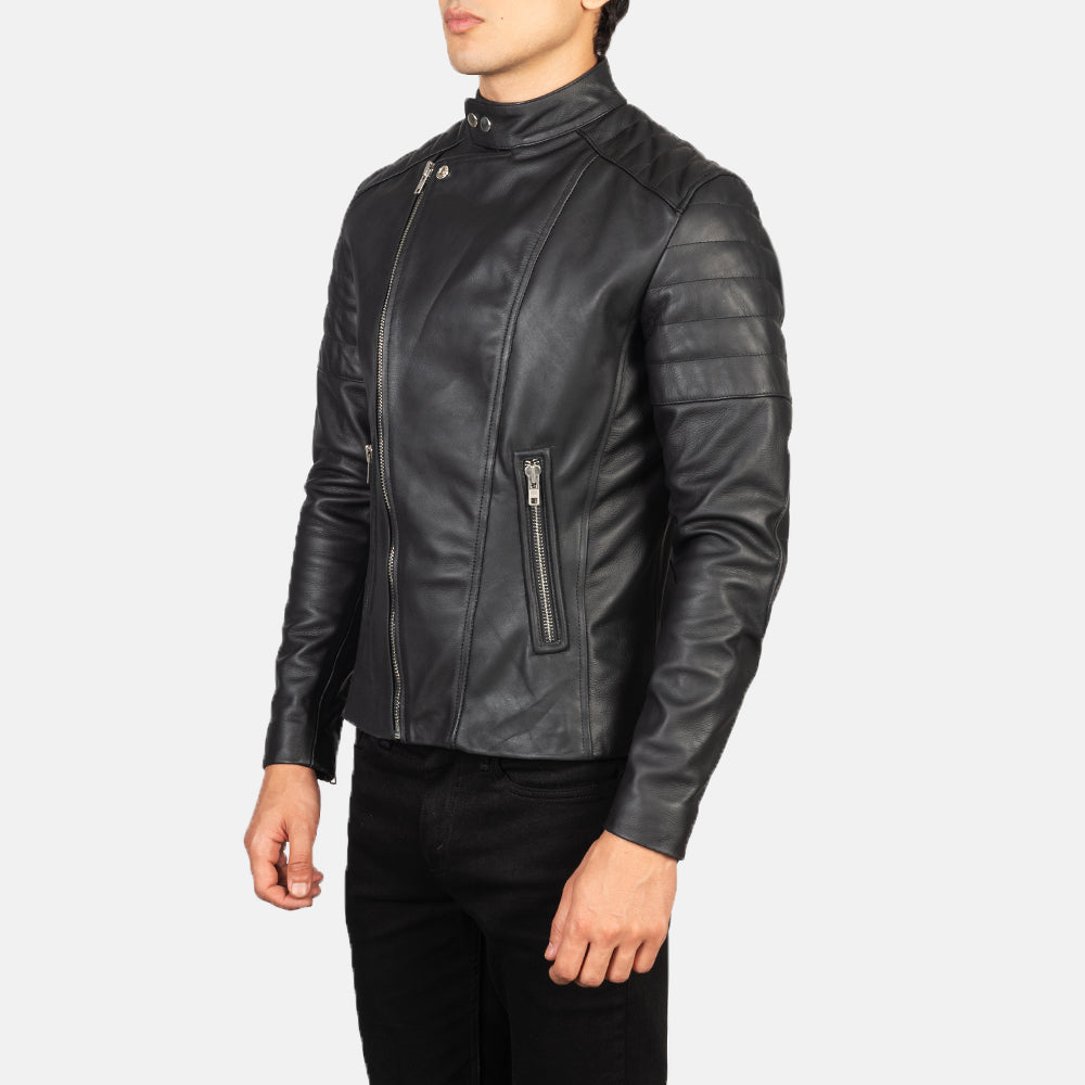 Faisor Black Leather Biker Jacket - men's jacket in black cowhide leather, view 2