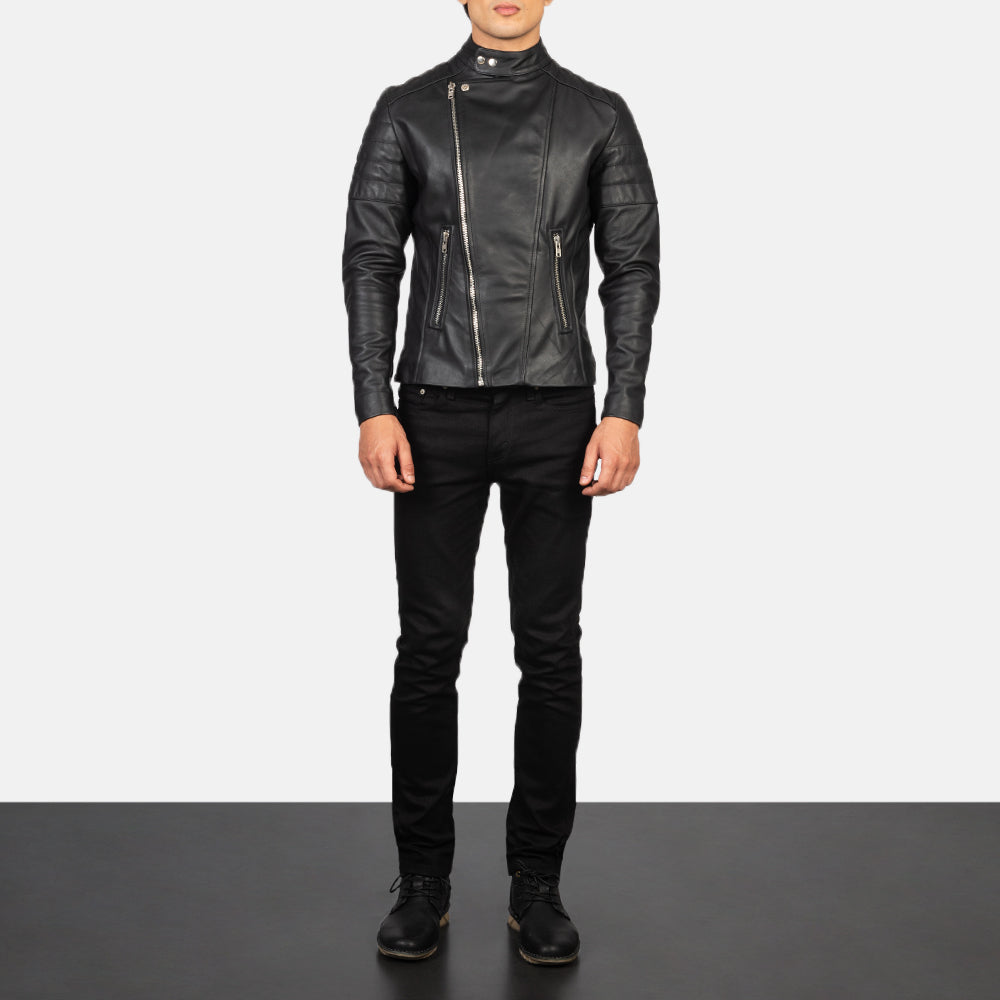 Faisor Black Leather Biker Jacket - men's jacket in black cowhide leather, view 3