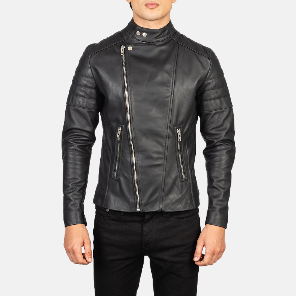 Faisor Black Leather Biker Jacket - men's jacket in black cowhide leather, view 4