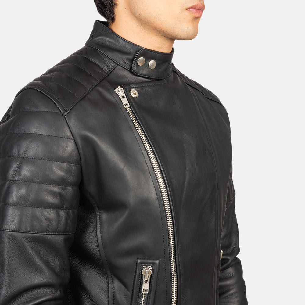 Faisor Black Leather Biker Jacket - men's jacket in black cowhide leather, view 6