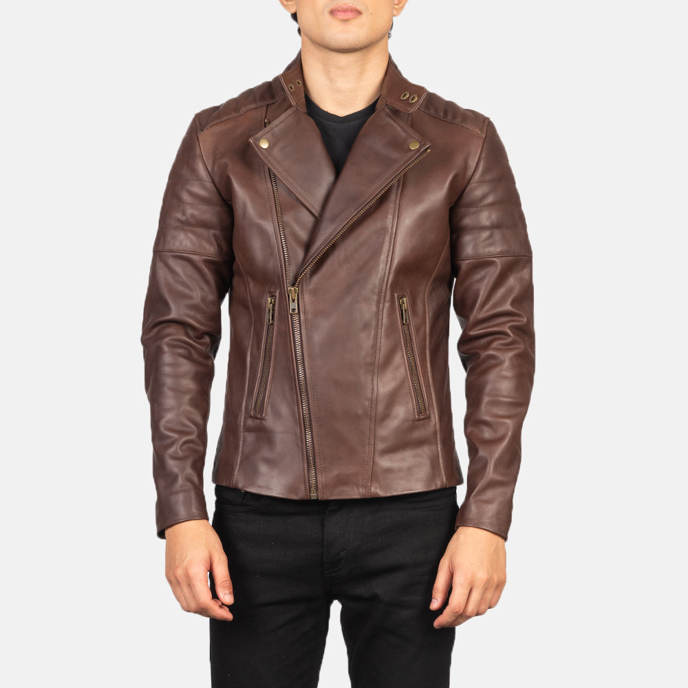 Faisor Brown Leather Biker Jacket - men's jacket in brown cowhide leather, view 1