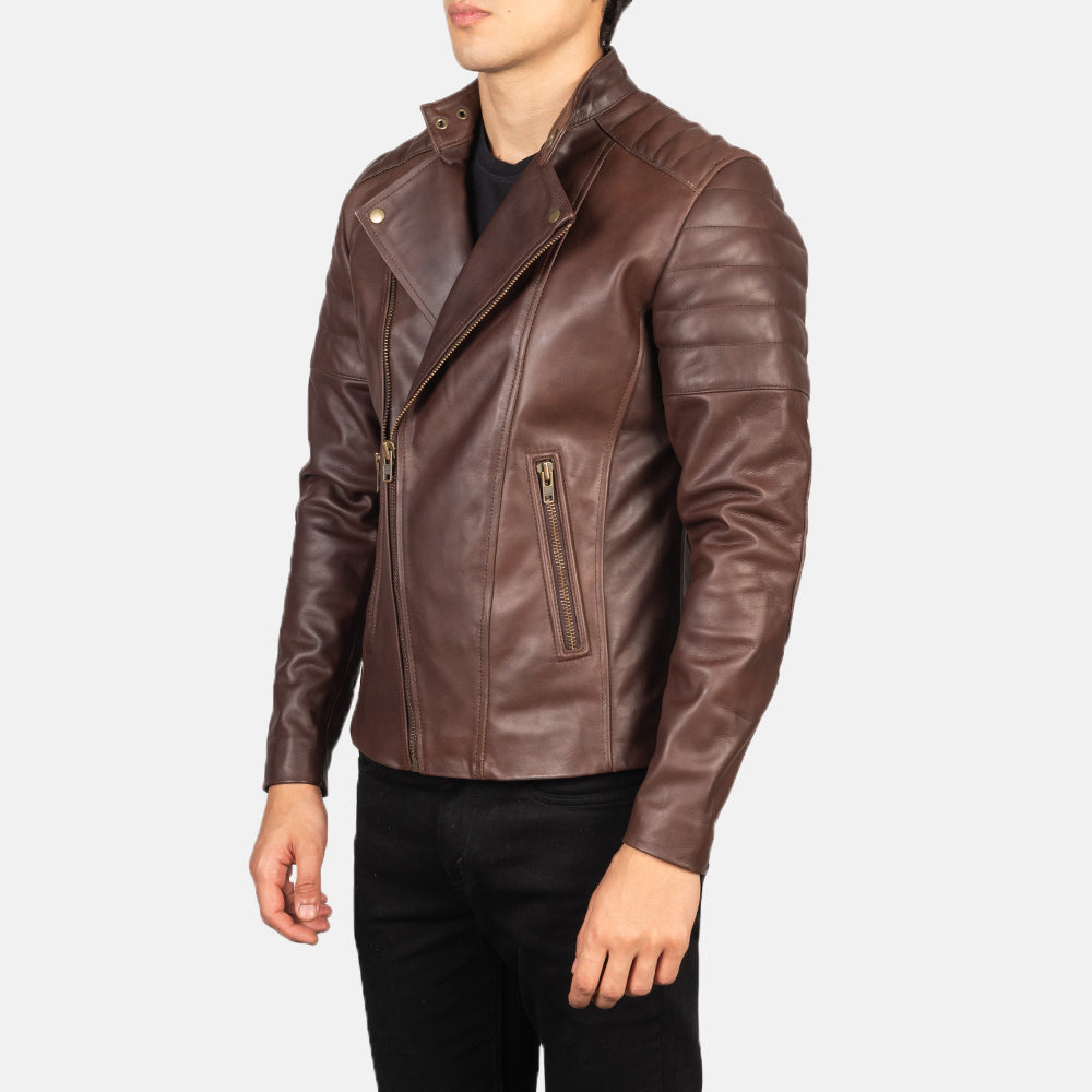 Faisor Brown Leather Biker Jacket - men's jacket in brown cowhide leather, view 2