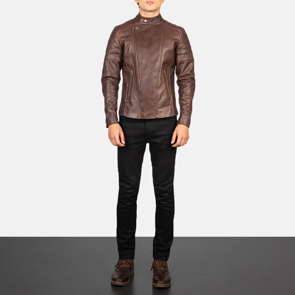Faisor Brown Leather Biker Jacket - men's jacket in brown cowhide leather, view 3