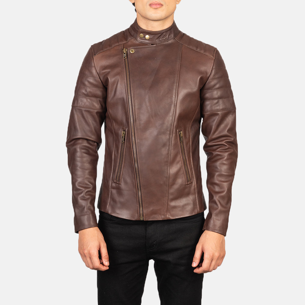 Faisor Brown Leather Biker Jacket - men's jacket in brown cowhide leather, view 5