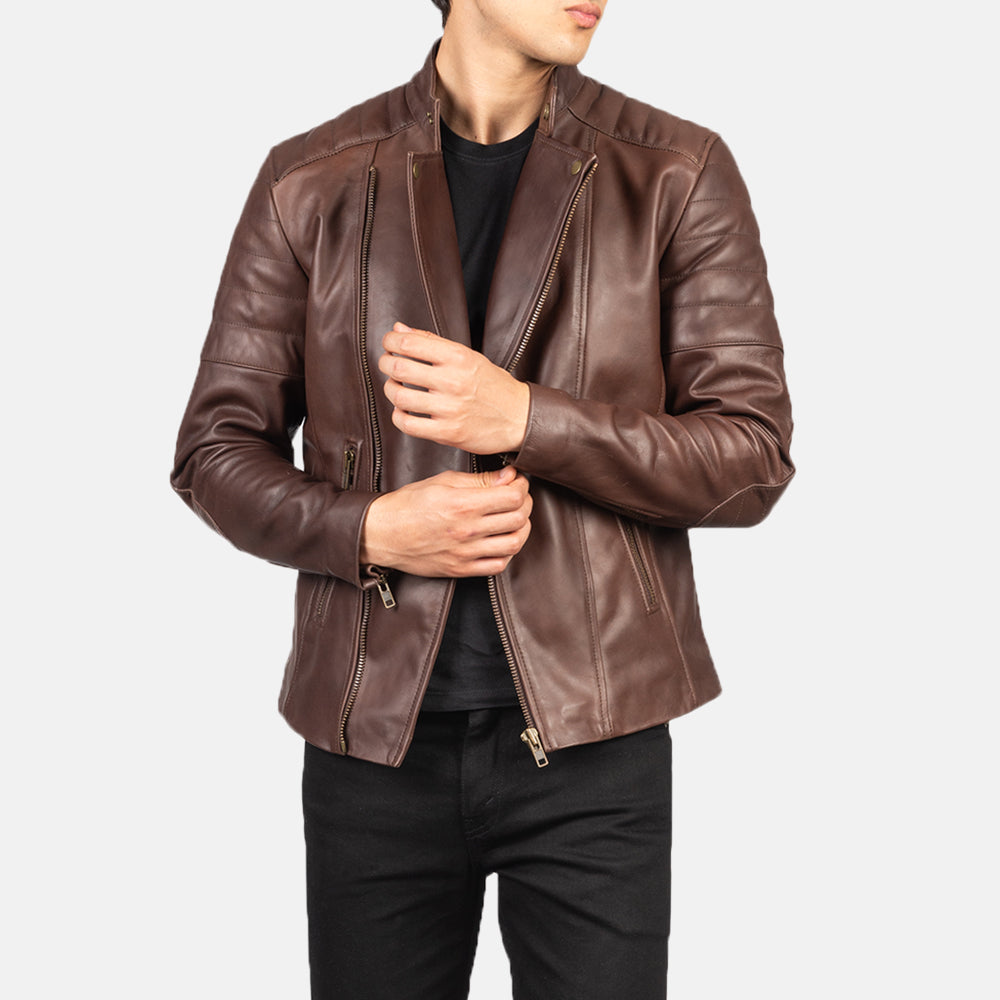 Faisor Brown Leather Biker Jacket - men's jacket in brown cowhide leather, view 6