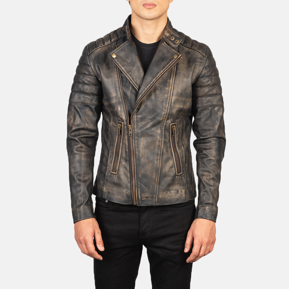 Faisor Distressed Brown Leather Biker Jacket - men's jacket in brown goatskin leather, view 1
