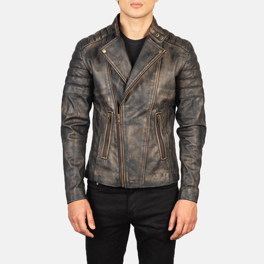 Faisor Distressed Brown Leather Biker Jacket - men's jacket in brown goatskin leather, view 1