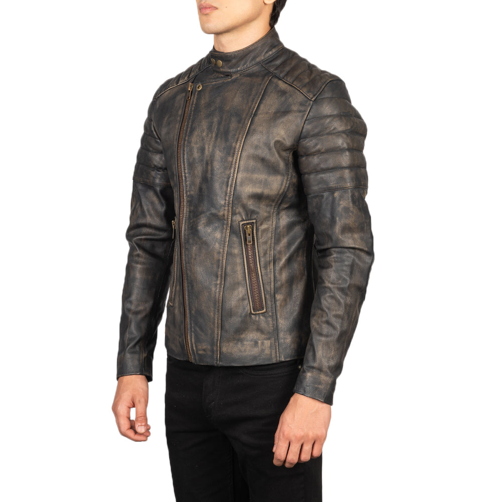 Faisor Distressed Brown Leather Biker Jacket - men's jacket in brown goatskin leather, view 2