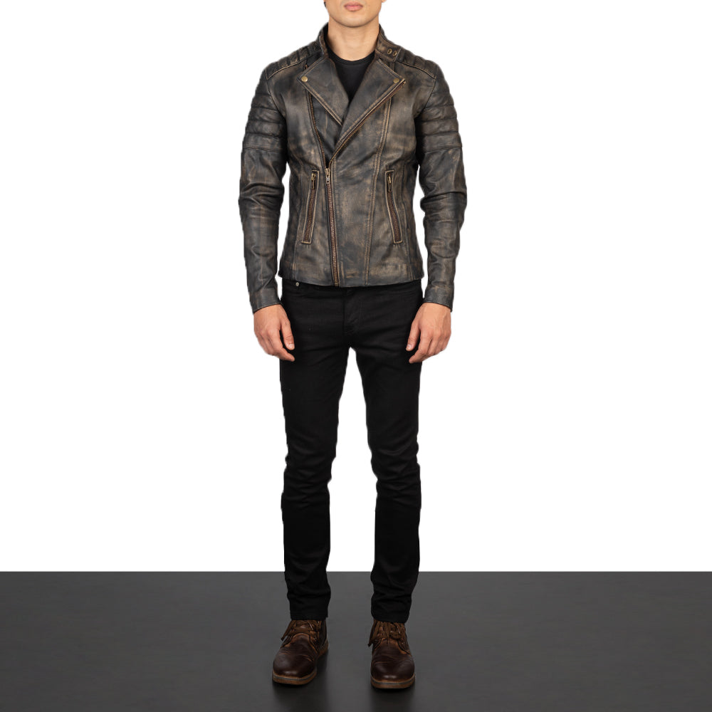 Faisor Distressed Brown Leather Biker Jacket - men's jacket in brown goatskin leather, view 3