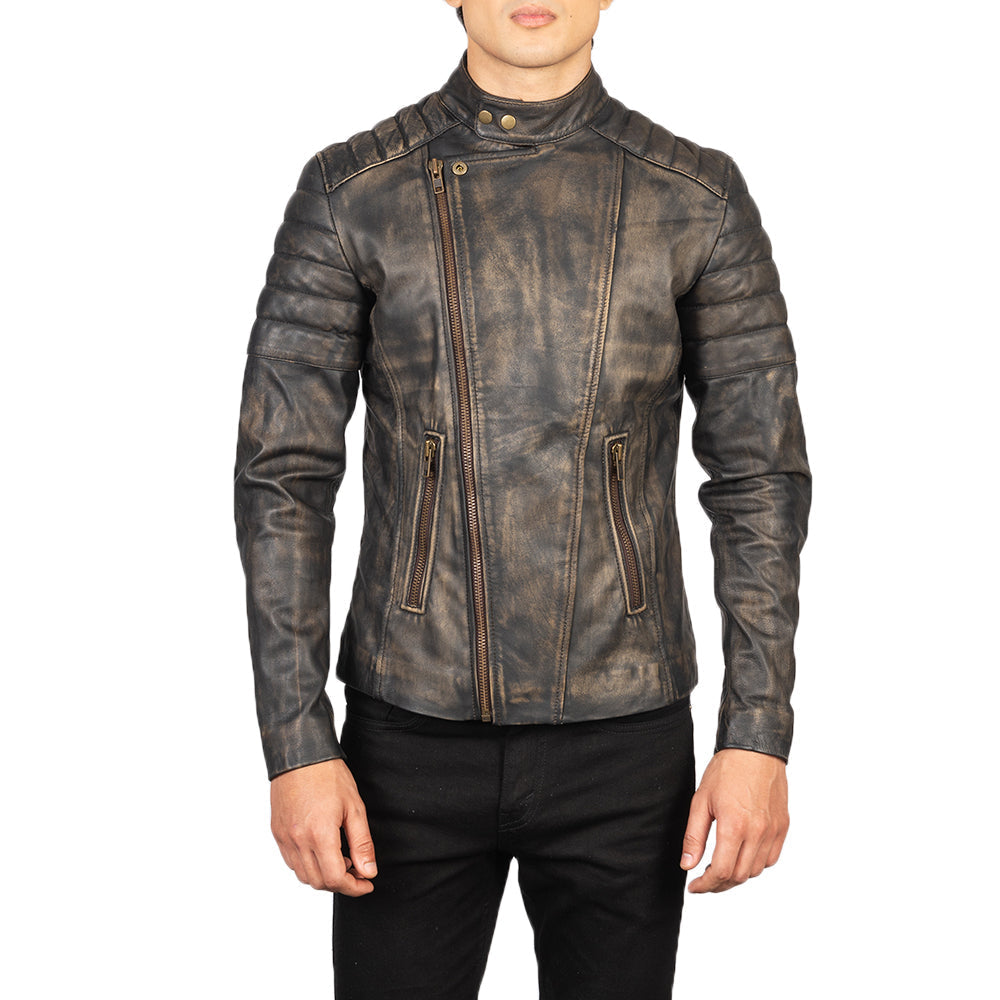 Faisor Distressed Brown Leather Biker Jacket - men's jacket in brown goatskin leather, view 4