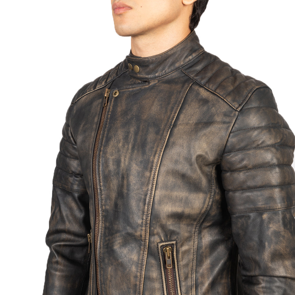 Faisor Distressed Brown Leather Biker Jacket - men's jacket in brown goatskin leather, view 6