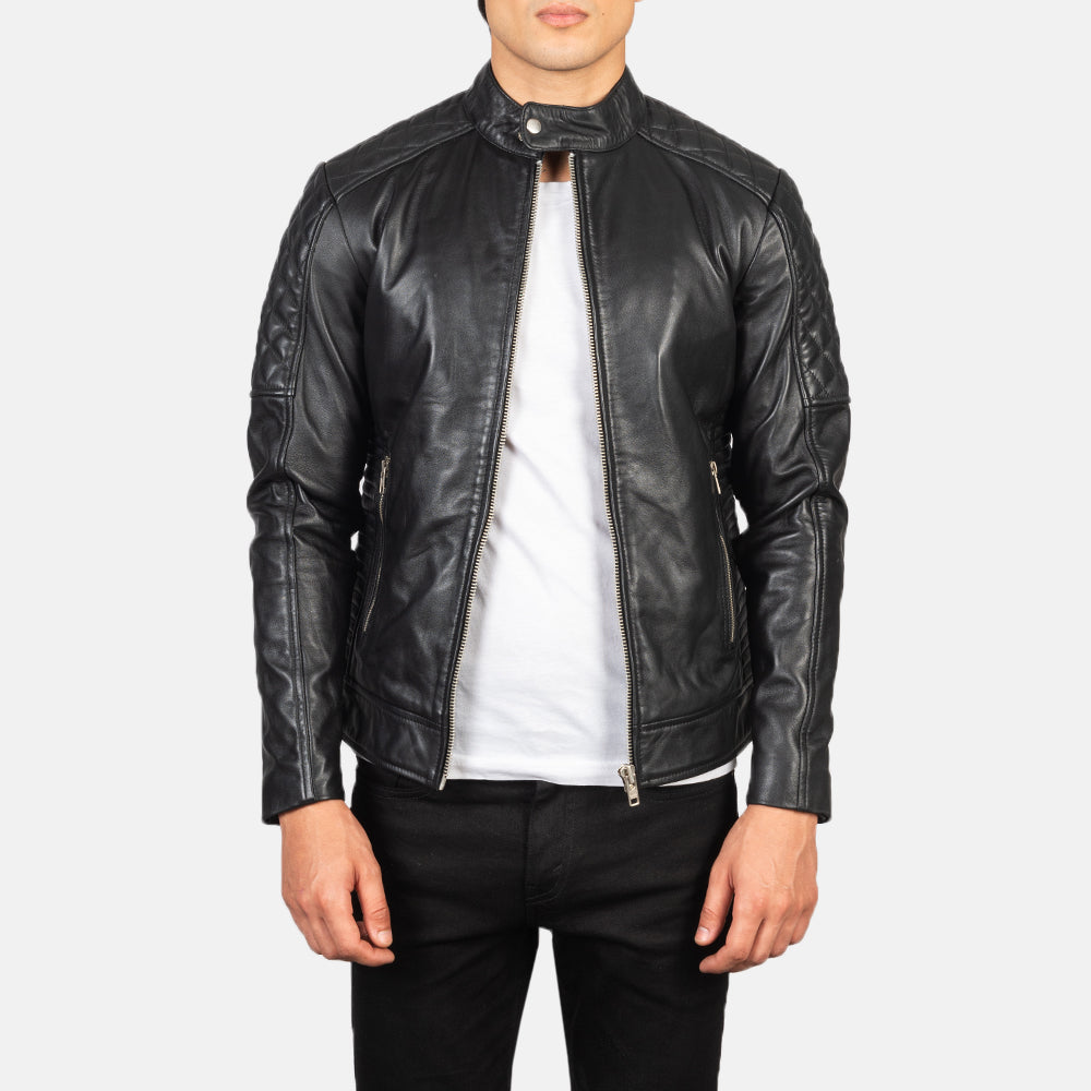 Fernando Quilted Black Leather Biker Jacket - men's jacket in black sheepskin leather, view 1