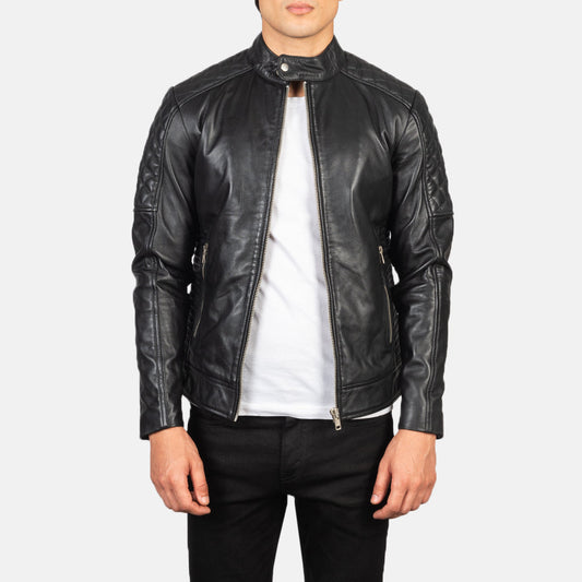 Fernando Quilted Black Leather Biker Jacket - men's jacket in black sheepskin leather, view 1