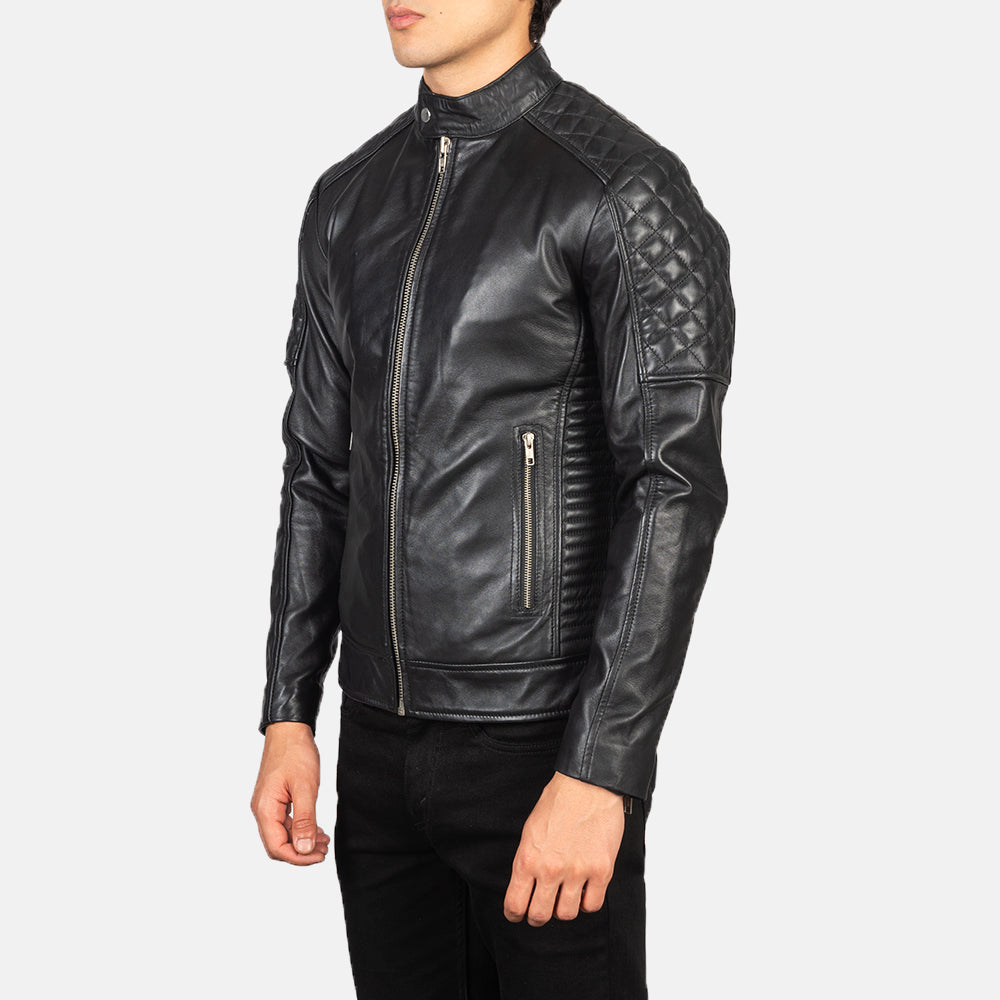 Fernando Quilted Black Leather Biker Jacket - men's jacket in black sheepskin leather, view 2