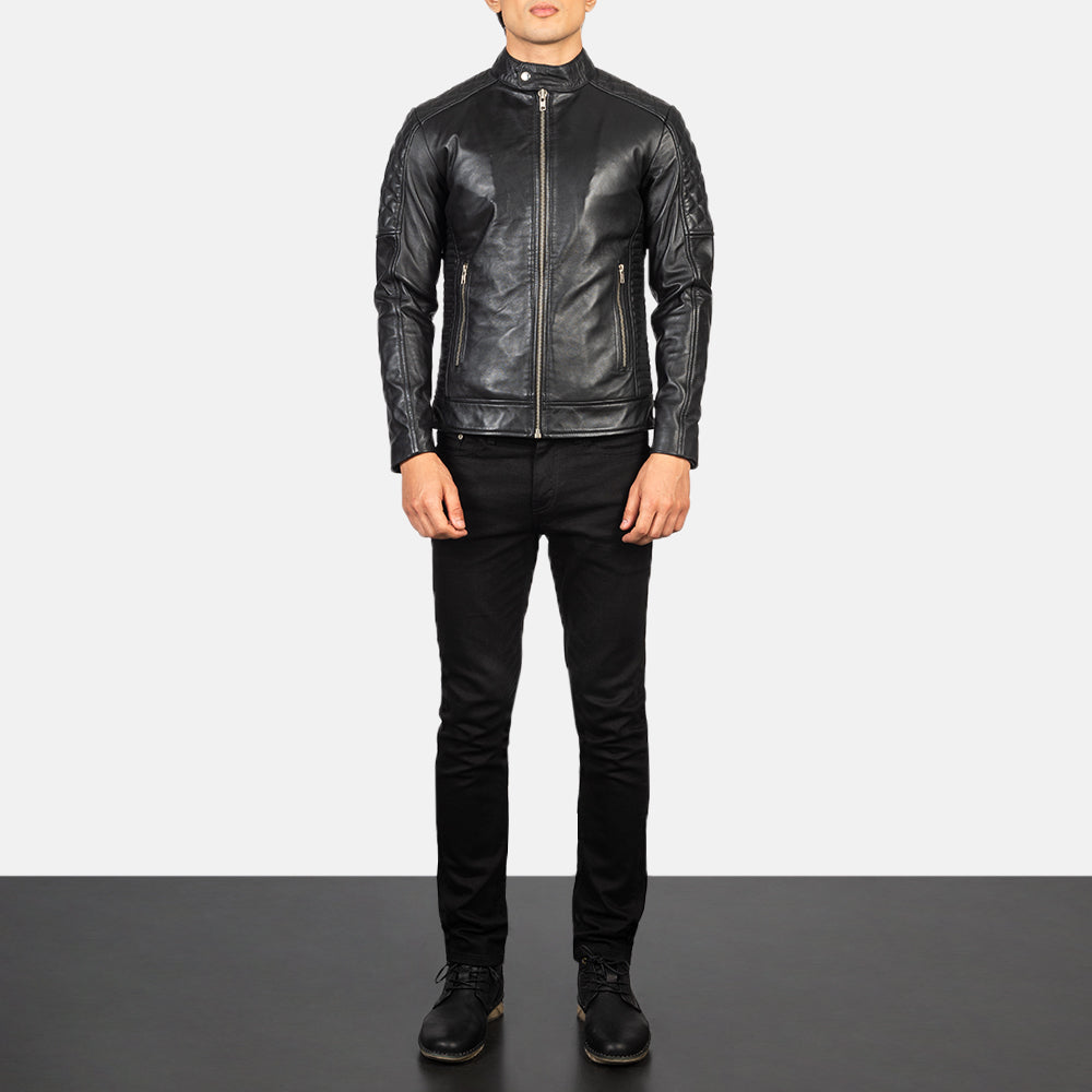 Fernando Quilted Black Leather Biker Jacket - men's jacket in black sheepskin leather, view 3