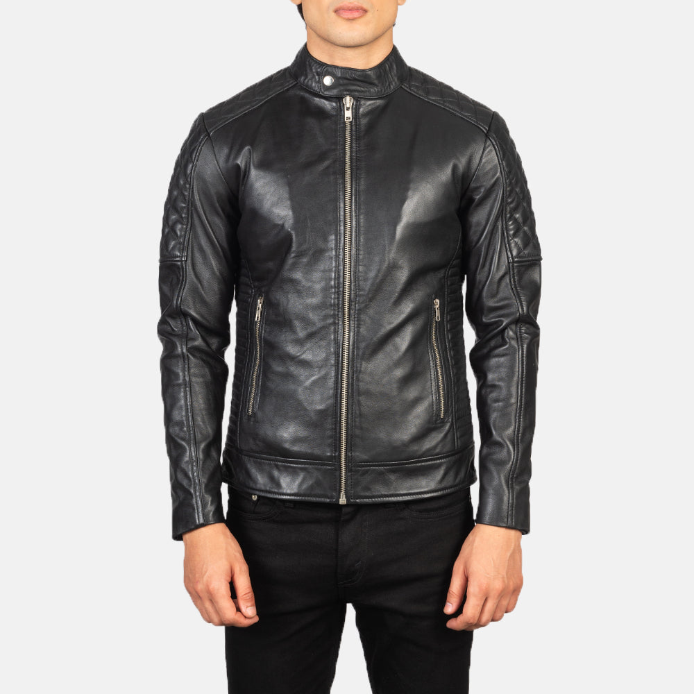 Fernando Quilted Black Leather Biker Jacket - men's jacket in black sheepskin leather, view 4