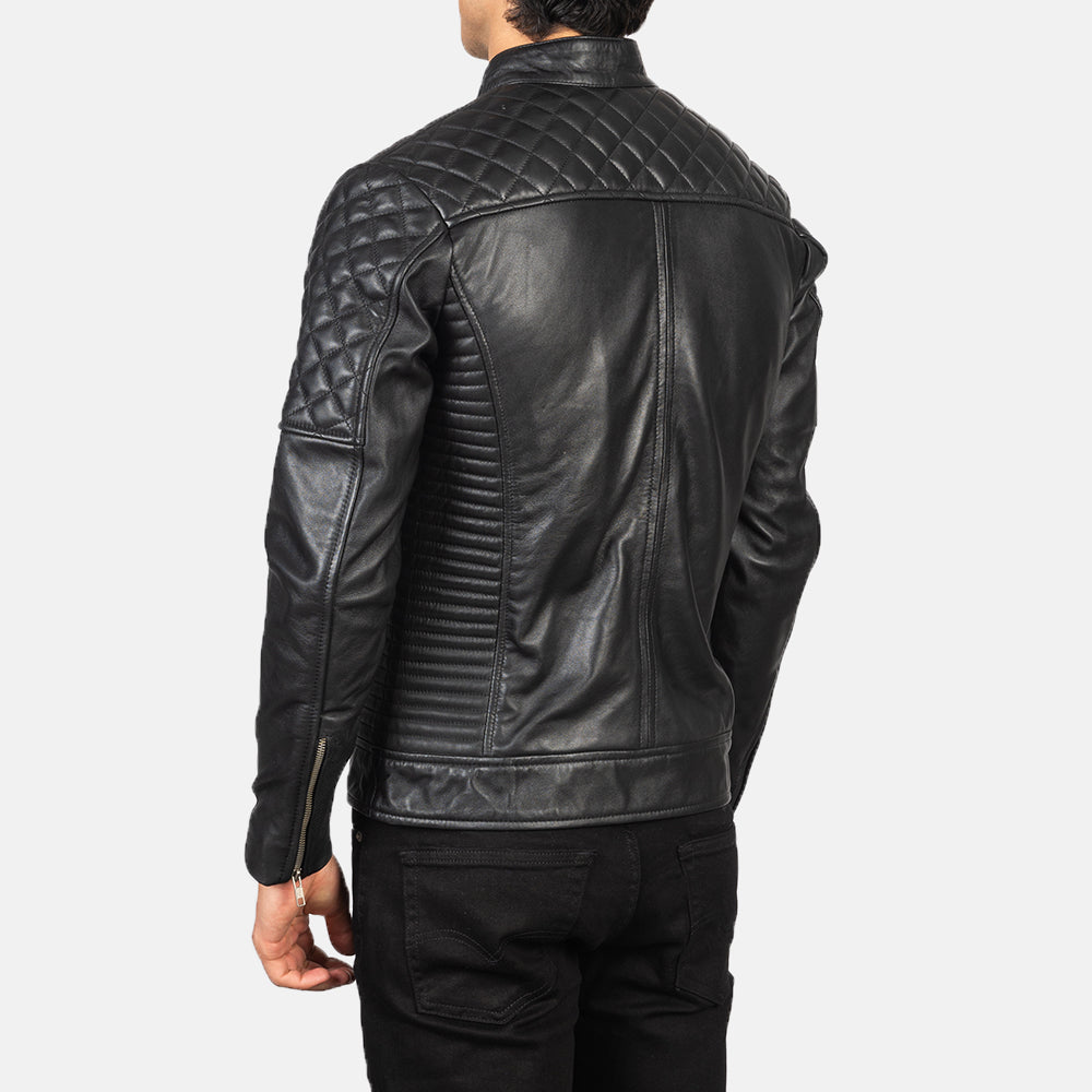 Fernando Quilted Black Leather Biker Jacket - men's jacket in black sheepskin leather, view 5