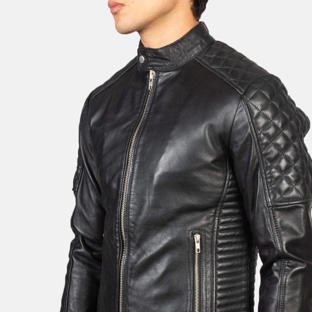 Fernando Quilted Black Leather Biker Jacket - men's jacket in black sheepskin leather, view 6