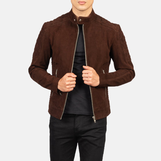 Fernando Quilted Brown Suede Biker Jacket - men's jacket in brown suede leather, view 1