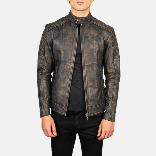 Fernando Quilted Distressed Brown Leather Biker Jacket - men's jacket in brown goatskin leather, view 1
