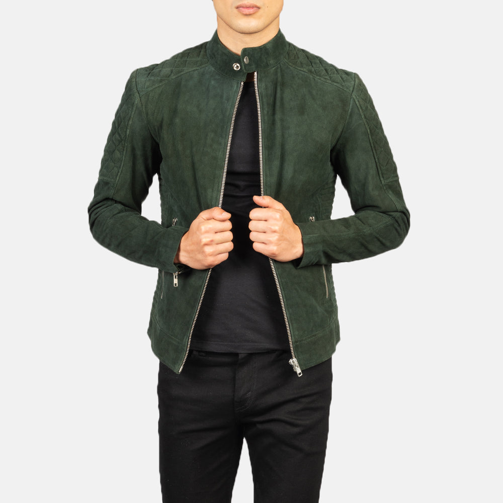 Fernando Quilted Green Suede Biker Jacket - men's jacket in green suede leather, view 1