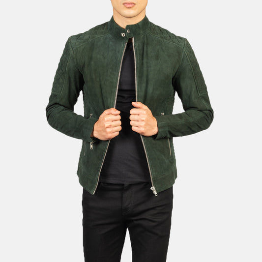 Fernando Quilted Green Suede Biker Jacket - men's jacket in green suede leather, view 1