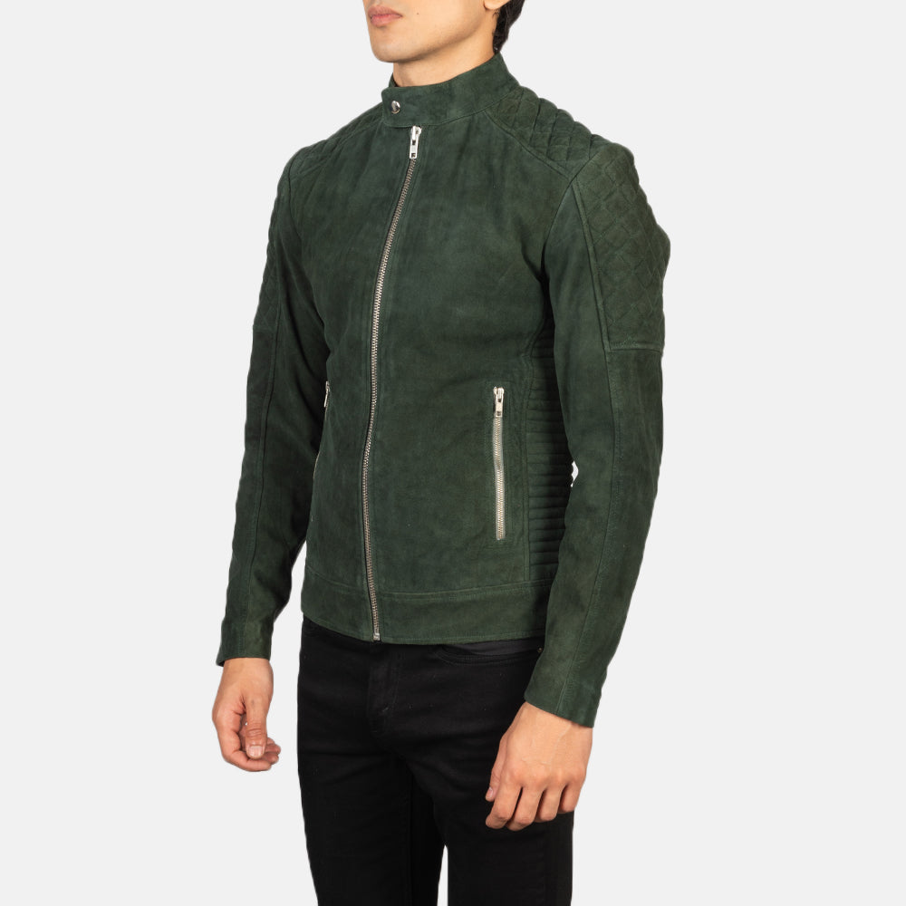 Fernando Quilted Green Suede Biker Jacket - men's jacket in green suede leather, view 2