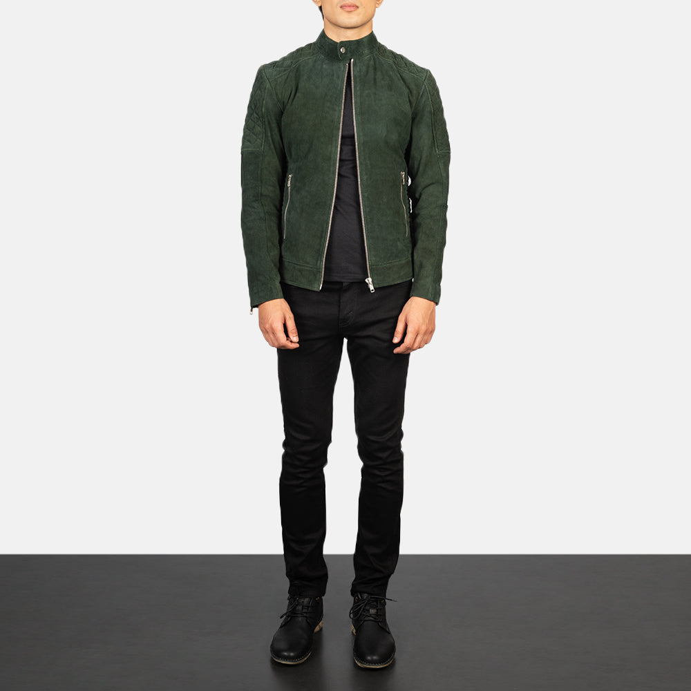 Fernando Quilted Green Suede Biker Jacket - men's jacket in green suede leather, view 3