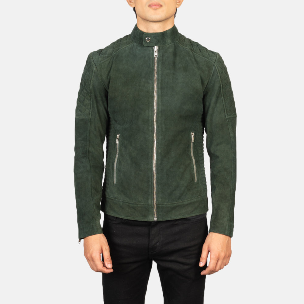 Fernando Quilted Green Suede Biker Jacket - men's jacket in green suede leather, view 4