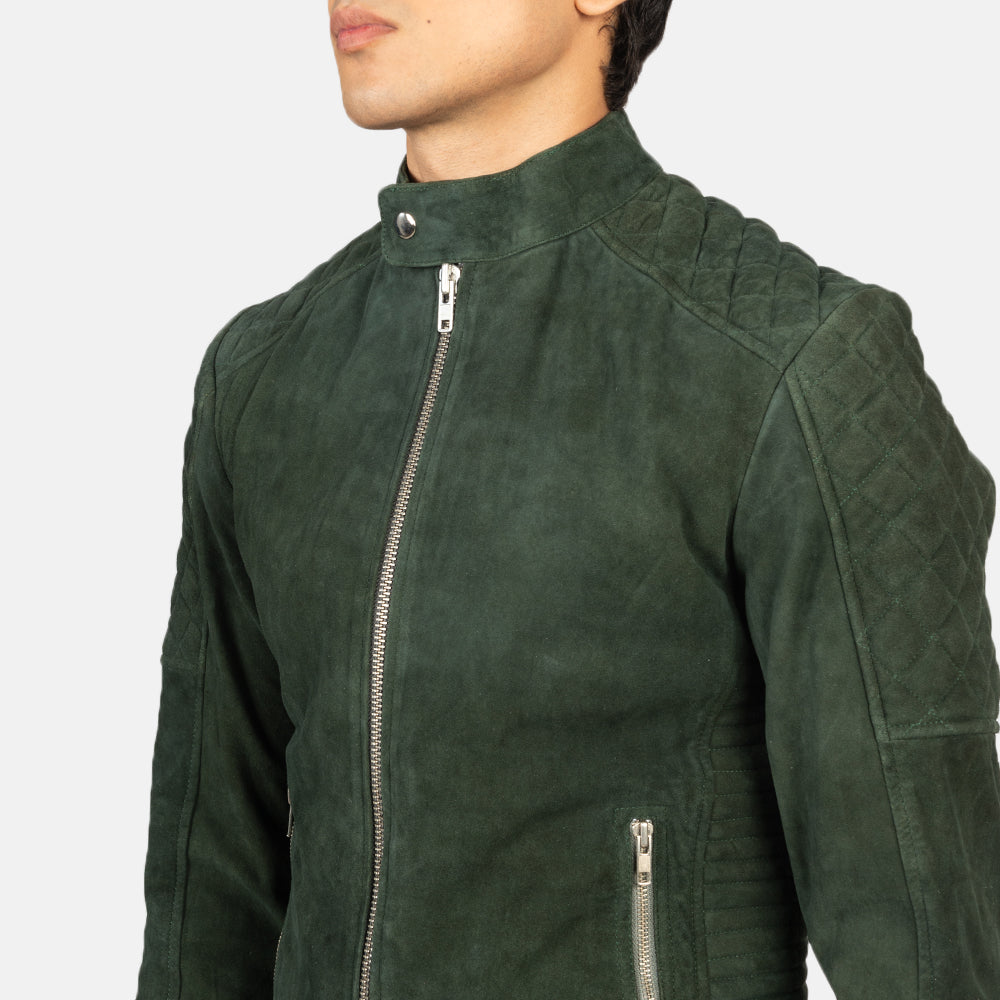 Fernando Quilted Green Suede Biker Jacket - men's jacket in green suede leather, view 6