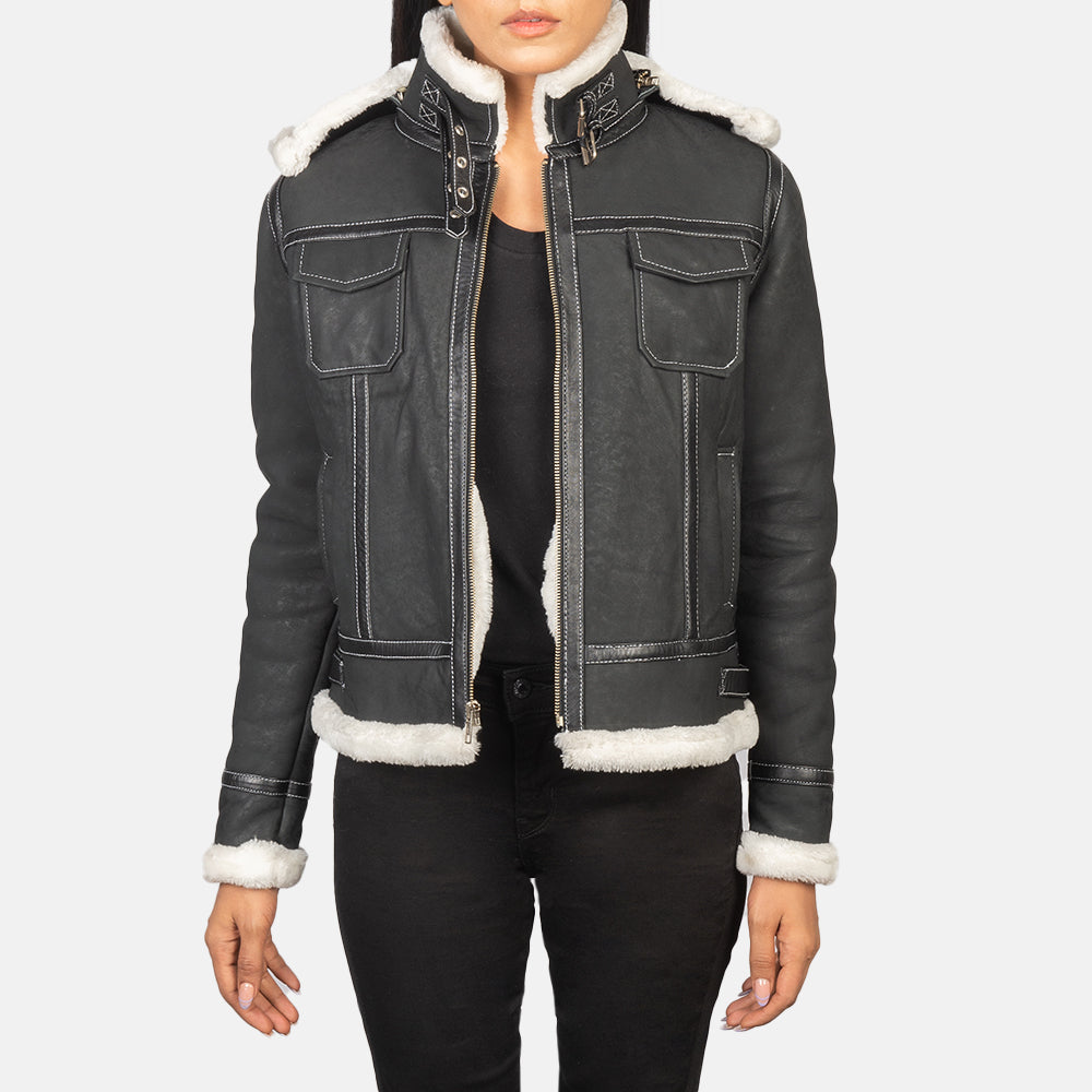 Fiona Black Hooded Shearling Leather Jacket - women's jacket in black sheepskin leather, view 1