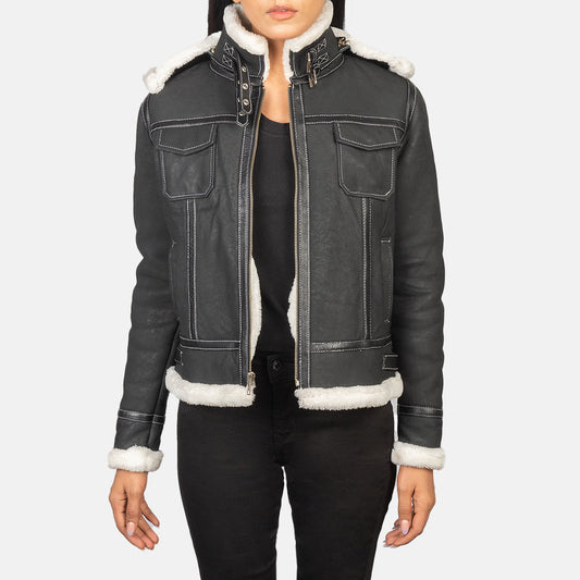 Fiona Black Hooded Shearling Leather Jacket - women's jacket in black sheepskin leather, view 1
