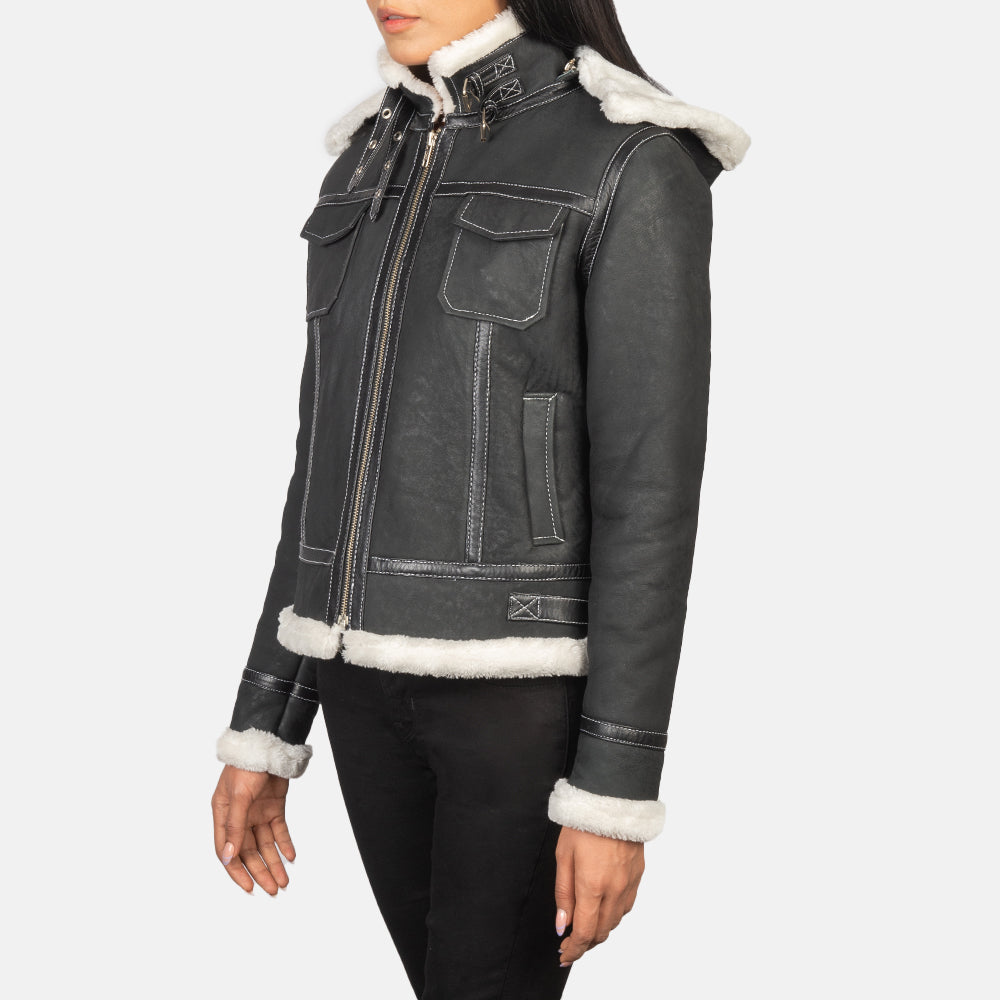 Fiona Black Hooded Shearling Leather Jacket - women's jacket in black sheepskin leather, view 2
