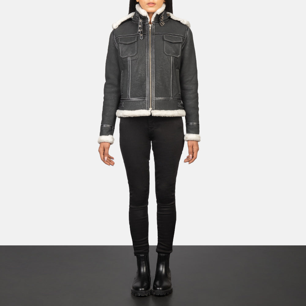 Fiona Black Hooded Shearling Leather Jacket - women's jacket in black sheepskin leather, view 3